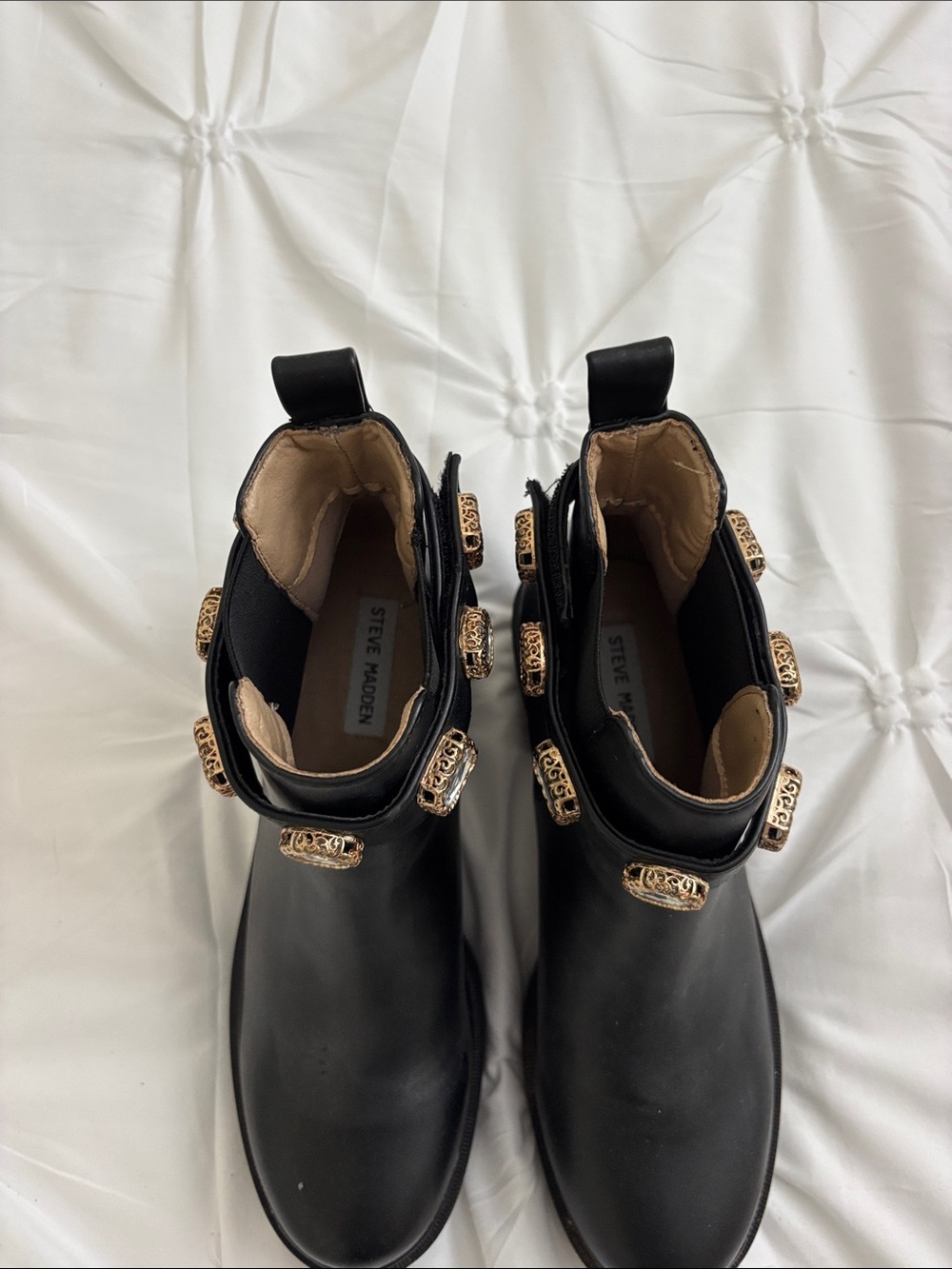 Steve Madden Black Ankle Boots with Gold Chain Buckle Details